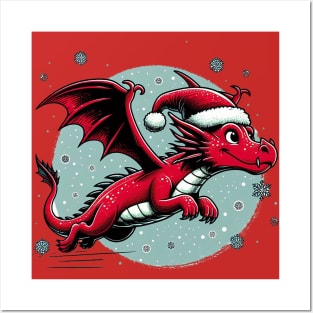 Flying Dragon in a Santa Hat Posters and Art